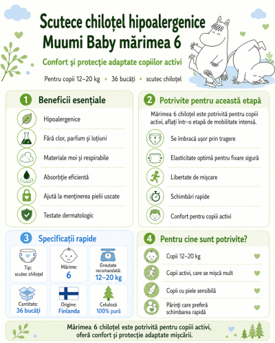 Scutece chiloțel hipoalergenice Muumi Baby mărimea 6 infografic